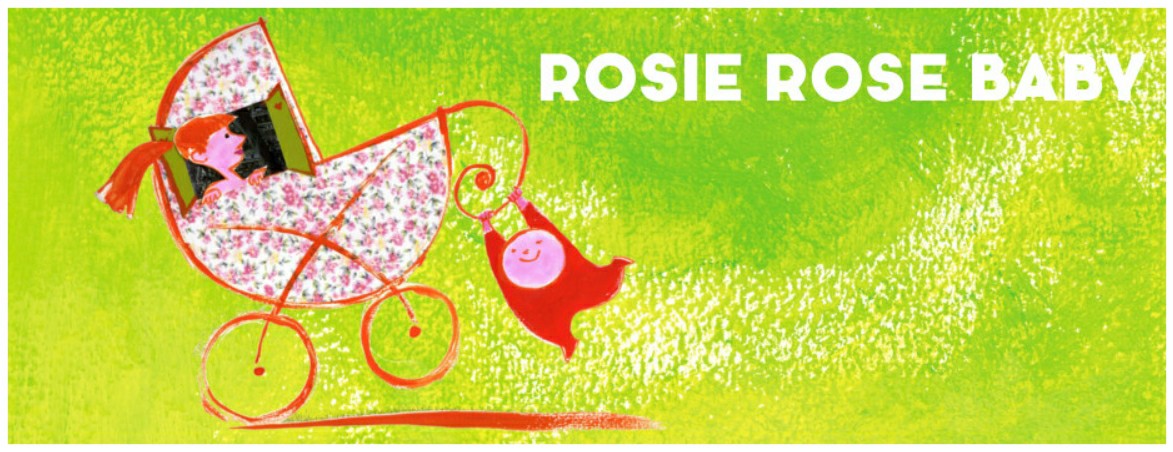 show for toddlers Rosie Rose Baby drawing of a baby pushing a pram with mum inside against a cheerful, fresh apple green background